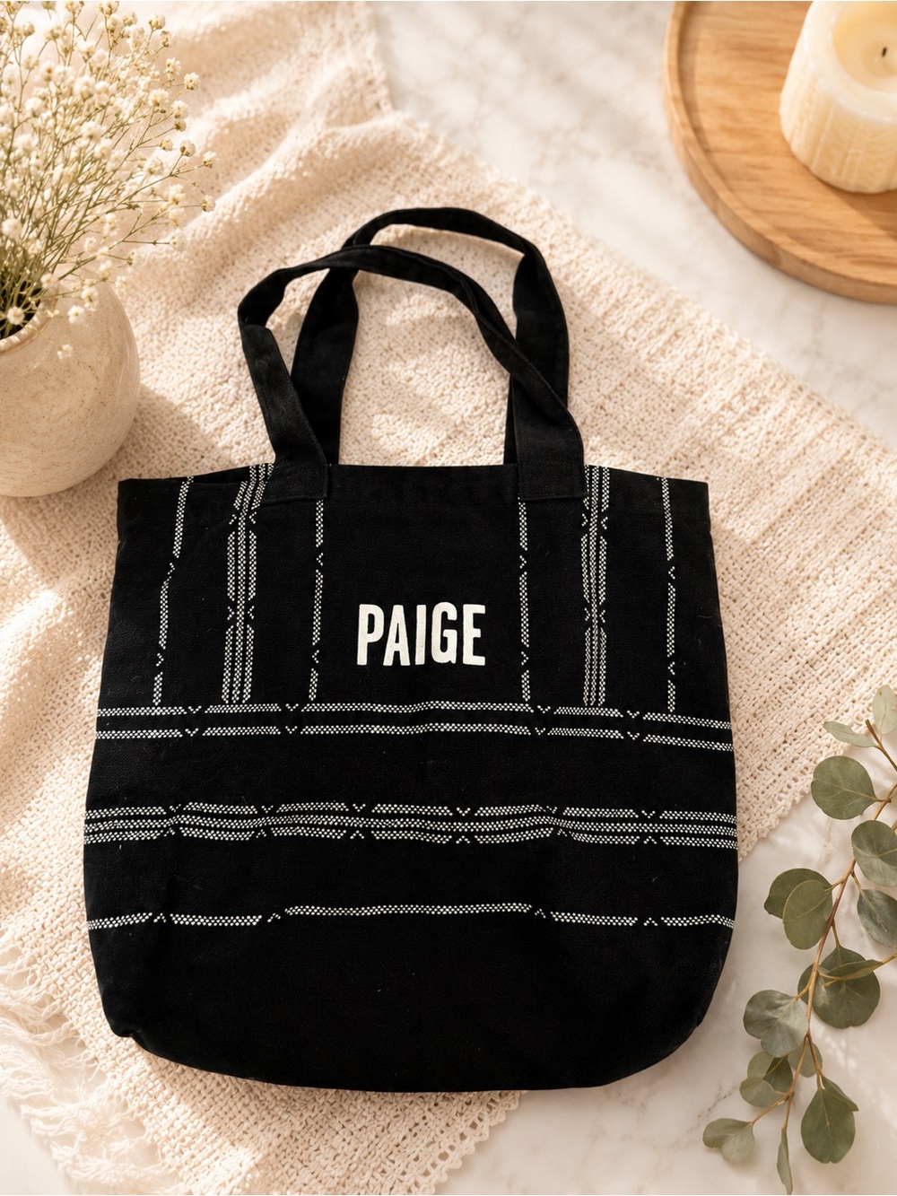 PAIGE Black Canvas Tote with White Stitching